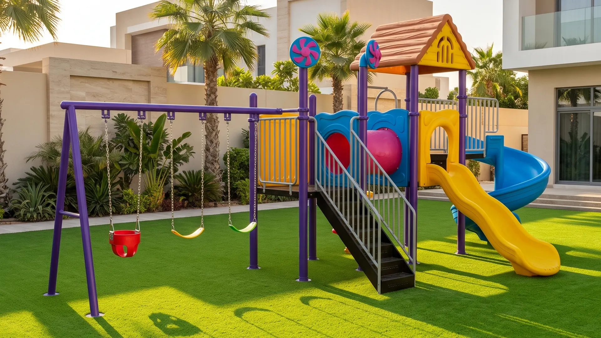 Kids playground with swings and slide in a villa garden